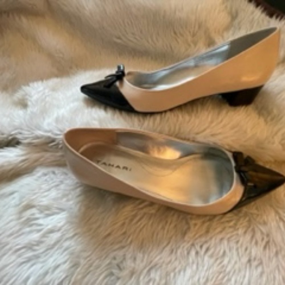 Tahari Cream With Black Patent Leather Toe